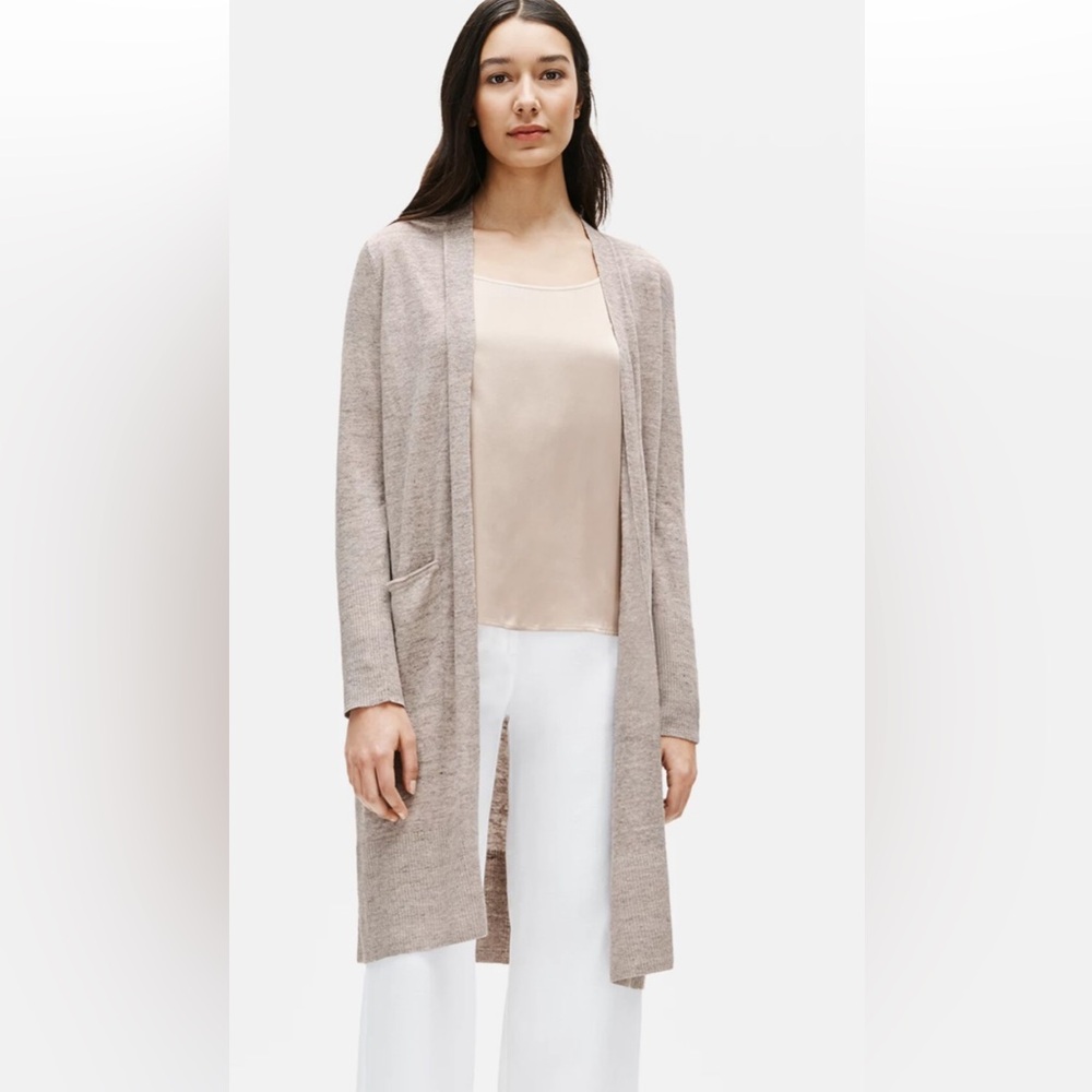 EILEEN FISHER ORGANIC LINEN/ COTTON OPEN CARDIGAN BEIGE SIZE L